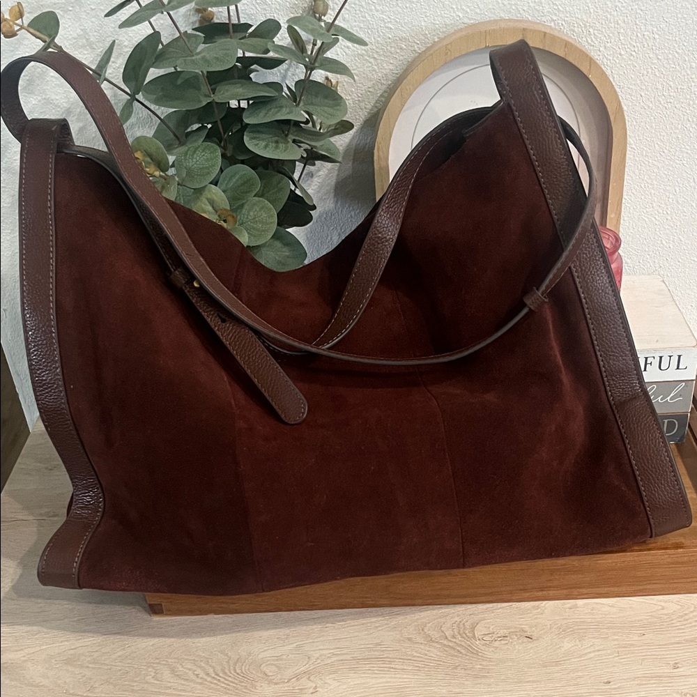 Vince Camuto Suede Hobo Tote Bag Sandalwood Brown Leather Trim NWT $198